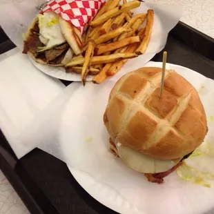 Gyro Sandwich and pineapple, bacon burger