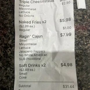Price of meals for 2 at Steak Escape.