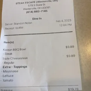 a receipt for steak escape westerville