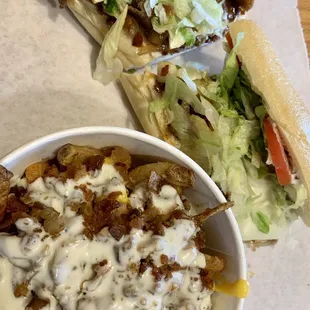 Totally Loaded Fries with Bourbon &amp; Bacon sandwich