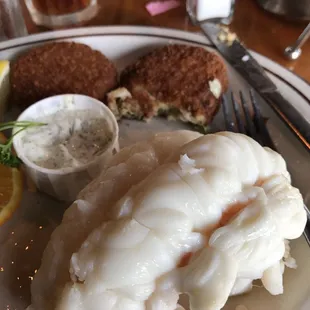 Well prepared lobster tail and crab cakes