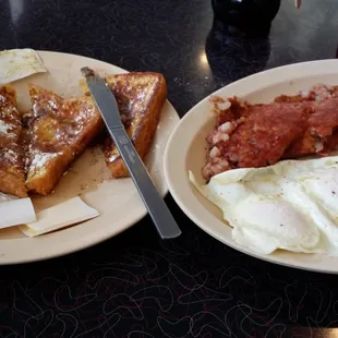 French Toast, Corned Beef Hash and Over Medium Eggs