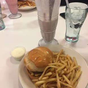 Wisconsin butter steak burger with a strawberry banana shake