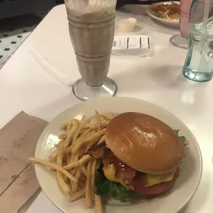 Bacon and cheese steak burger with a chocolate banana shake