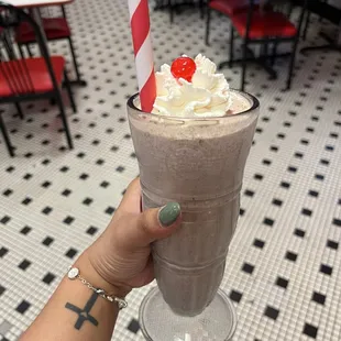  a hand holding a glass of milkshake