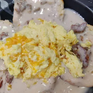 Biscuits &amp; gravy with scrambled eggs with cheese