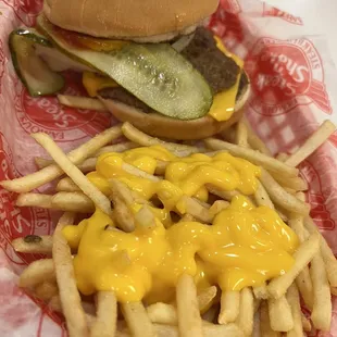 Meal deal - Double cheese burger and small fry 5.49 plus .49 for cheese.