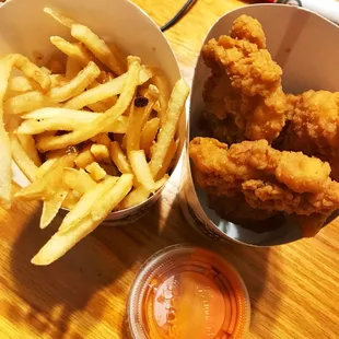 Tenders and fries, with a side of buffalo sauce!