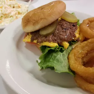 Original Double Cheese Steakburger with Onion Rings and a side of Creamy Coleslaw