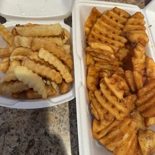 French fries and waffle fries. They was okay, typical carryout food.