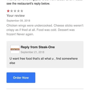 The response to my review as a first time customer.