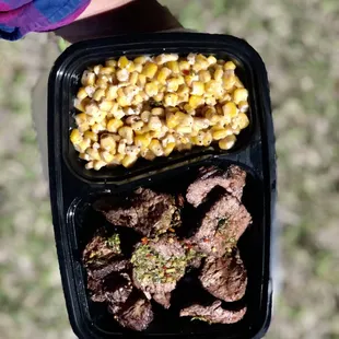 Creamed corn with medium well angus top sirloin