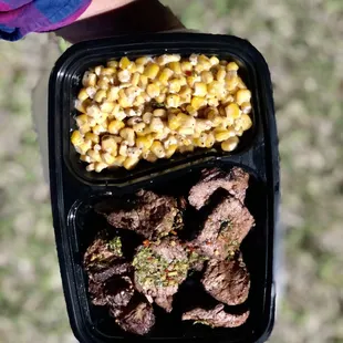 Delicious angus top sirloin with creamy corn