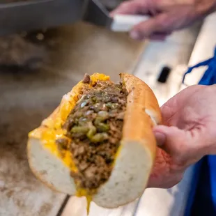 a person holding a hot dog