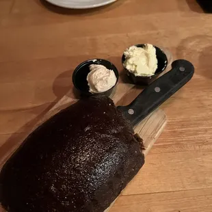 Complimentary pumpernickel bread with whipped whipped cherry butter