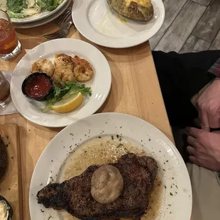 New York Strip Steak, Jumbo Shrimp, Twice Baked Potato, Caesar Side Salad