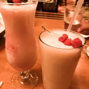 Left: pina colada with raspberry purée (Alcoholic) Right: non alcoholic Pina Colada