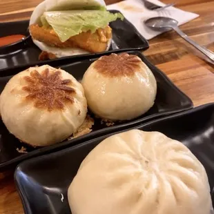 Crispy Chicken bun, Seared pork buns (favorite), steamed pork bun