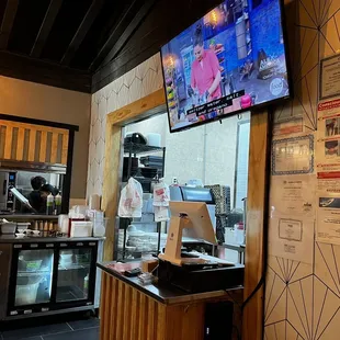 a tv screen and a counter