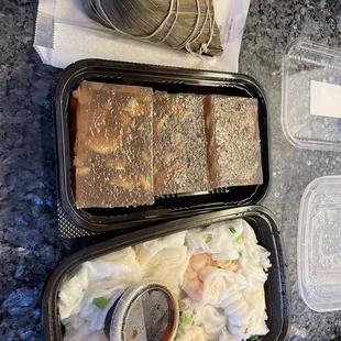 Joong (Chinese Tamale), Water Chestnut Cake, Shrimp Rice Roll with Green Onion, Pickled Cabbage