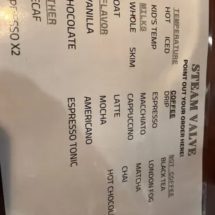 Drink menu