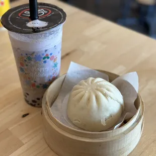 Taro milk tea and steamed veggie dumpling