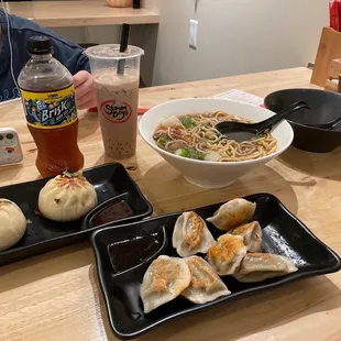 Pan seared Boa Buns and Dumplings with Seafood Soup with a Steam-boys Tea.