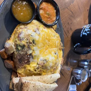 The Gatherer scramble add all the veggies &amp; cheese with sour dough bread, side of homemade jam &amp; green chili! Awesome!