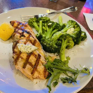 Grilled salmon, dill butter, steamed broccoli