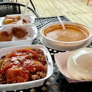 Groundnut and Peanut Soup, Fufu, Rice and beans (Waakye/ Ayimolu), Pufpuf, Fried Plantains their back patio