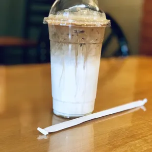Iced Caramel Macchiato, 20 oz., 6 pumps of vanilla, half and half, caramel drizzle.