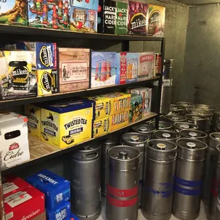 a variety of beer kegs