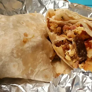 Three meat breakfast burrito! Yummy salsa!