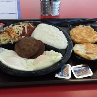 Breakfast special:2eggs, hash browns, sausage, &amp; grilled biscuit!!!