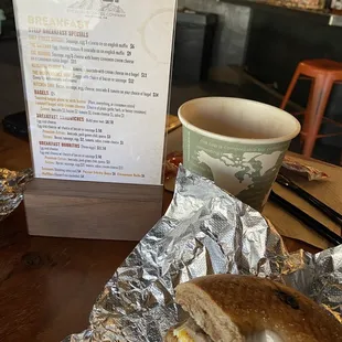 Breakfast menu with my delish picks: The Hoodoo and a hot chocolate
