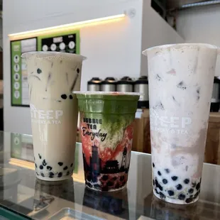 Jasmine milk tea. Strawberry matcha latte. Fresh Taro Milk. Delish!