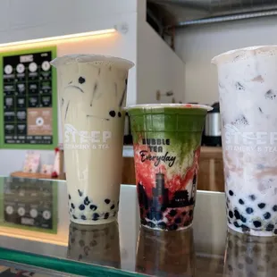 Jasmine milk tea. Strawberry matcha latte. Fresh Taro Milk. Yummy!