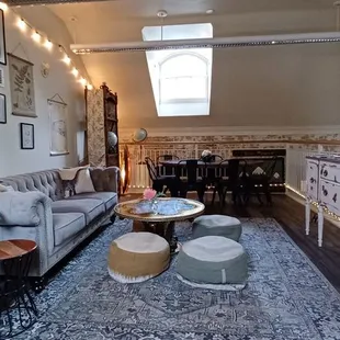 a living room and dining area