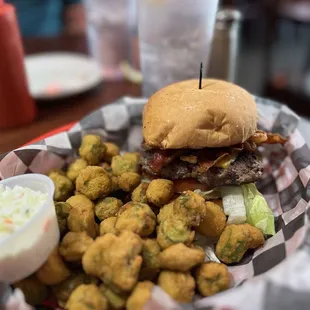 Steeplechase Burbon Burger w fried okra