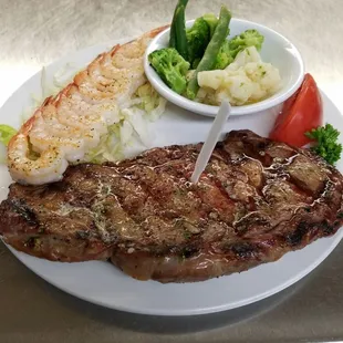 Ribeye and grilled shrimp