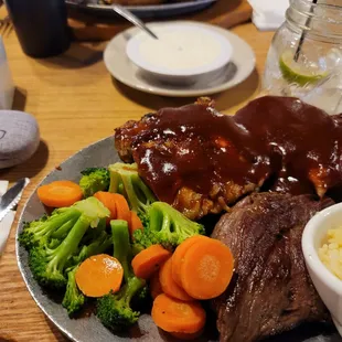a plate of meat and vegetables