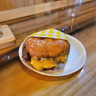 Special 1 year birthday burger (donut as a bun)