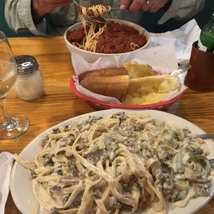 Philly cheese fettuccine delicious! Spaghetti and meat sauce and meatballs double yummy