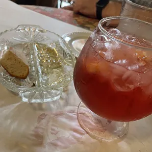 Pink Sangria,  warm bread with dipping oil.