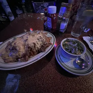 Cheesesteak fries and cup of chili