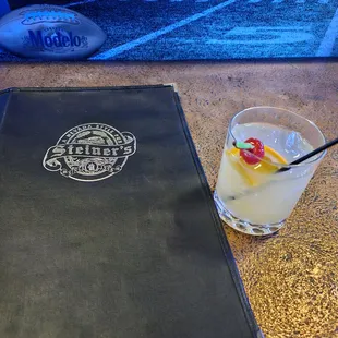 a drink and menu