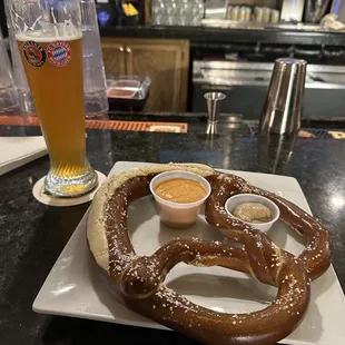 Pretzel with beer cheese and a Paulaner