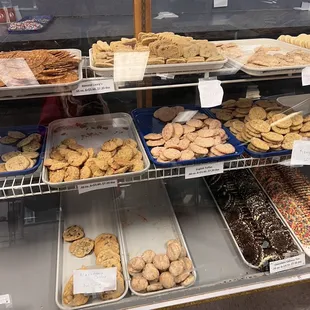 a display of cookies and pastries
