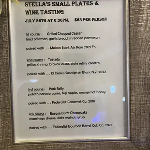 a menu for stella&apos;s small plates and wine tasting