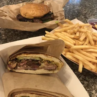 Caramelized onion burger. Cubano. Regular fries.